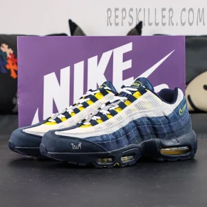 Close-up of Eric Koston x Nike SB Air Max 95 toe box with layered mesh, suede panels, and yellow accents