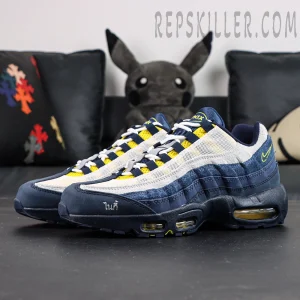 Three-quarter front view of Eric Koston x Nike SB Air Max 95 in Obsidian and Speed Yellow colorway