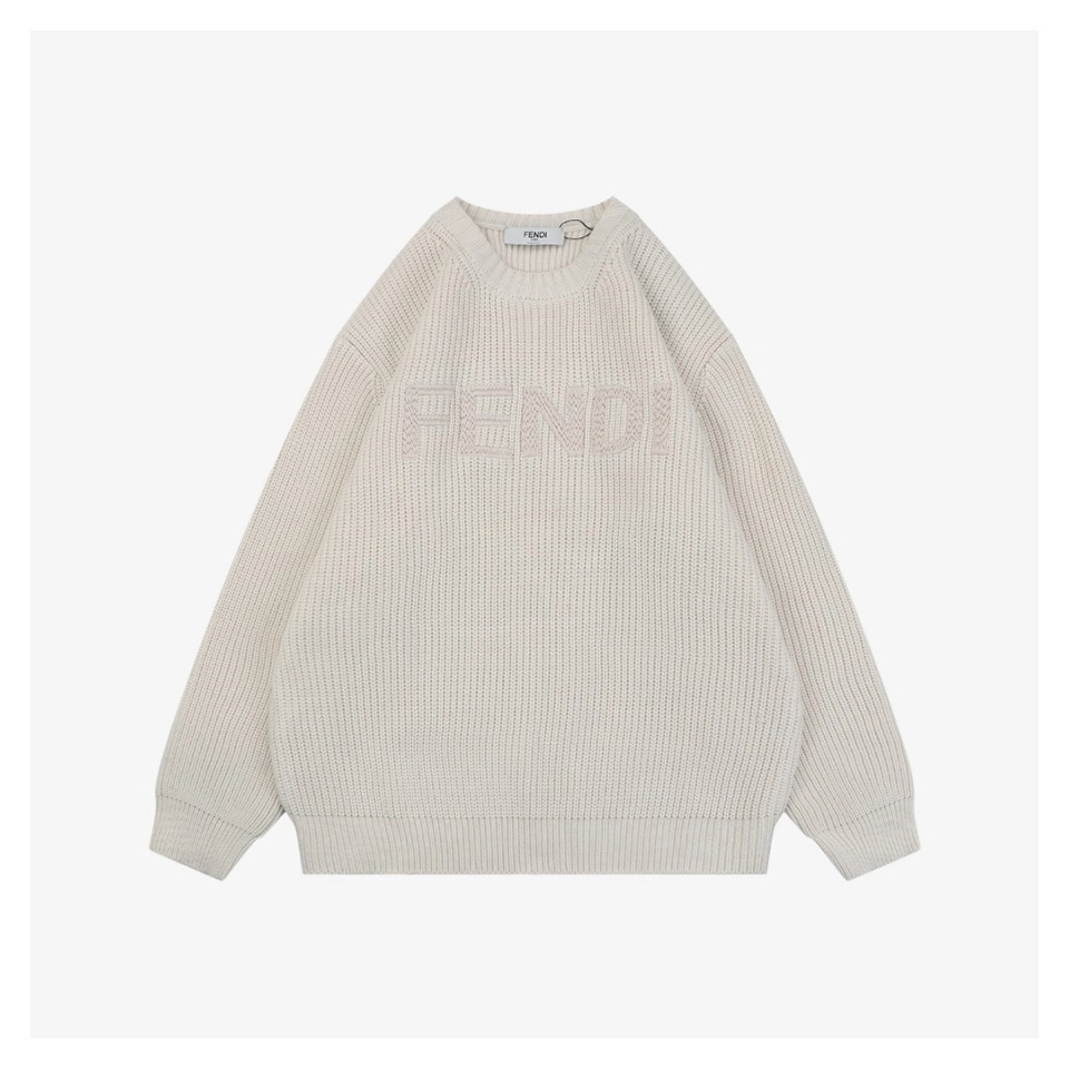 Fendi Logo Crewneck Knit Sweater Beige Front view