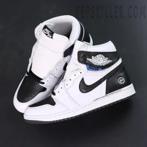 Fragment Design x Union LA x Air Jordan 1 High White Black top view showing stitched collar and black Swoosh