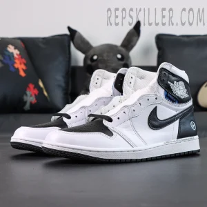 Fragment x Union Air Jordan 1 High White Black angled front view of the pair on studio background