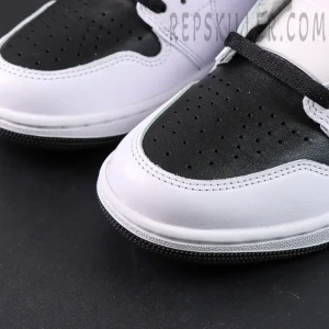 Fragment x Union Air Jordan 1 High close-up of black and white leather toe box perforation