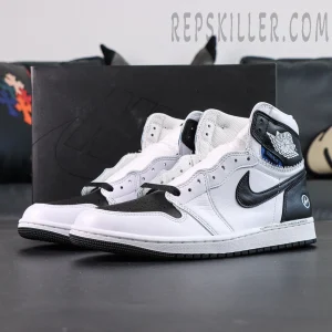 Fragment x Union Air Jordan 1 High full pair display with shoebox on neutral background