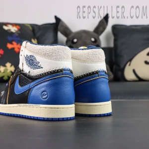 Fragment Design x Union LA x Air Jordan 1 “Sport Royal” heel logo and stitching detail