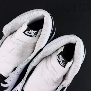 Fragment Design x Union LA x Air Jordan 1 “White Black” collaboration sneakers, close-up top view of tongue interior with Nike Air woven tags and padding