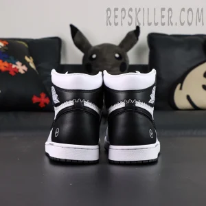 Fragment Design x Union LA x Air Jordan 1 “White Black” collaboration sneakers, straight rear view showing heel construction and Fragment lightning logos