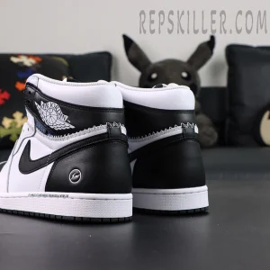 Fragment Design x Union LA x Air Jordan 1 “White Black” collaboration sneakers, rear-side angle highlighting black heel panels and collaboration detailing