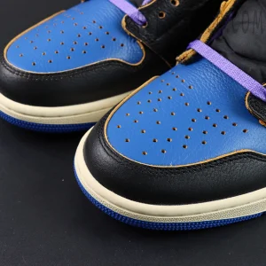 Fragment Design x Union LA x Air Jordan 1 “Sport Royal” collaboration sneakers, toe box close-up with blue perforated leather and black overlays