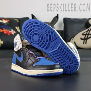 Fragment Design x Union LA x Air Jordan 1 “Sport Royal” collaboration sneakers, outsole-up view showing blue rubber outsole with circular traction pattern