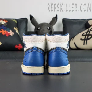 Fragment Design x Union LA x Air Jordan 1 “Sport Royal” collaboration sneakers, straight rear view showing midsole and heel construction