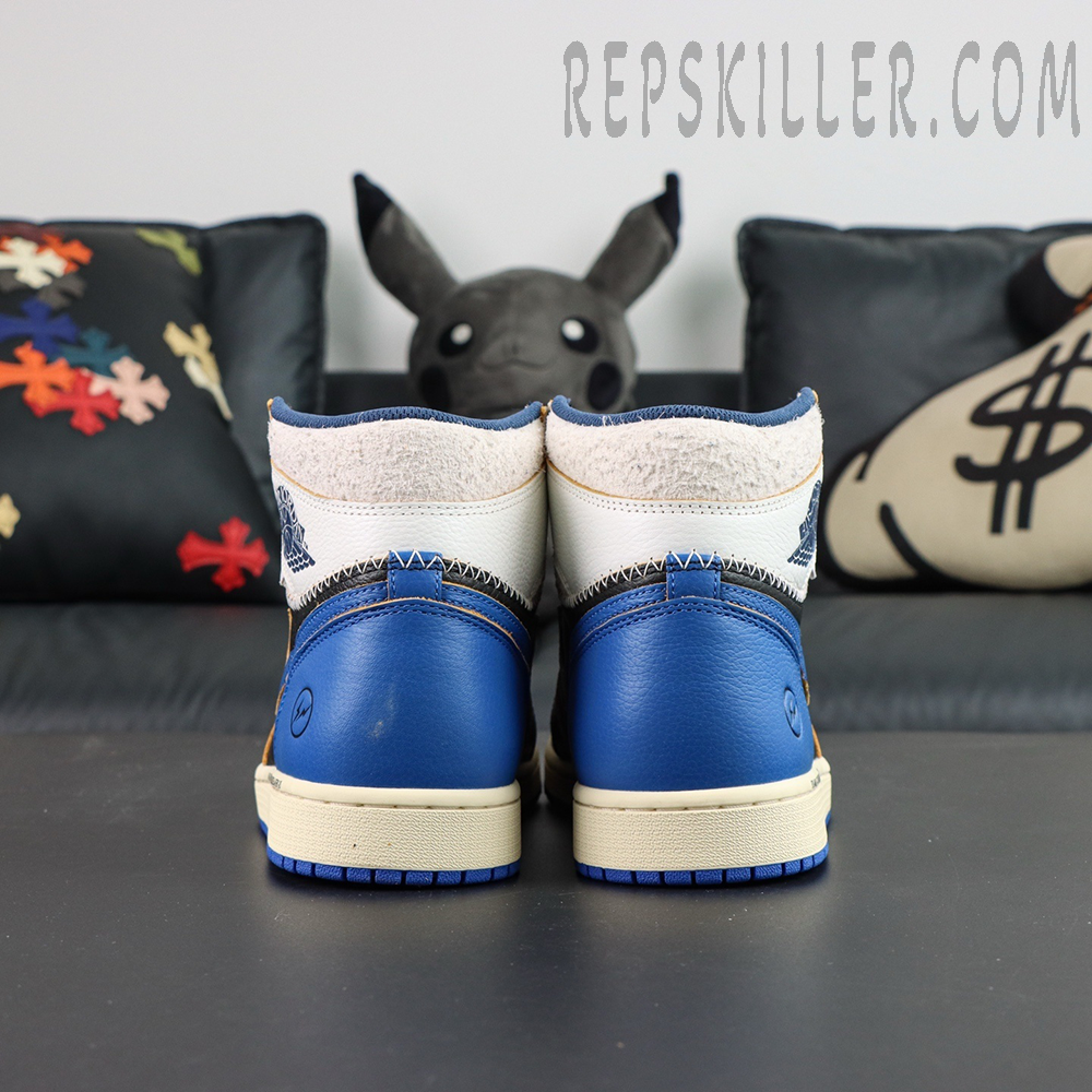 Fragment Design x Union LA x Air Jordan 1 “Sport Royal” collaboration sneakers, straight rear view showing midsole and heel construction