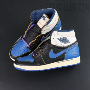 Fragment Design x Union LA x Air Jordan 1 “Sport Royal” collaboration sneakers, top-down view showing tongue, inner lining, and Nike Air tags