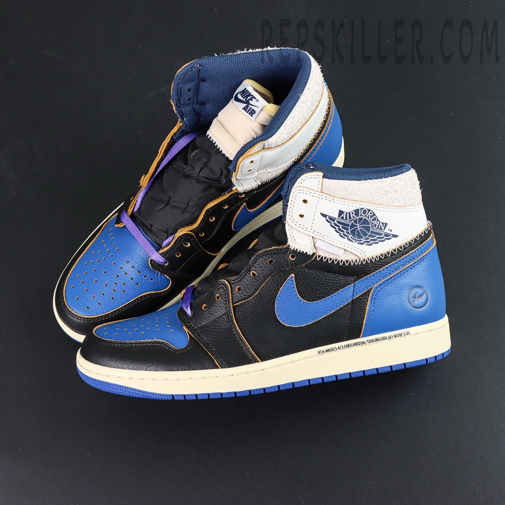 Fragment Design x Union LA x Air Jordan 1 “Sport Royal” collaboration sneakers, top-down view showing tongue, inner lining, and Nike Air tags