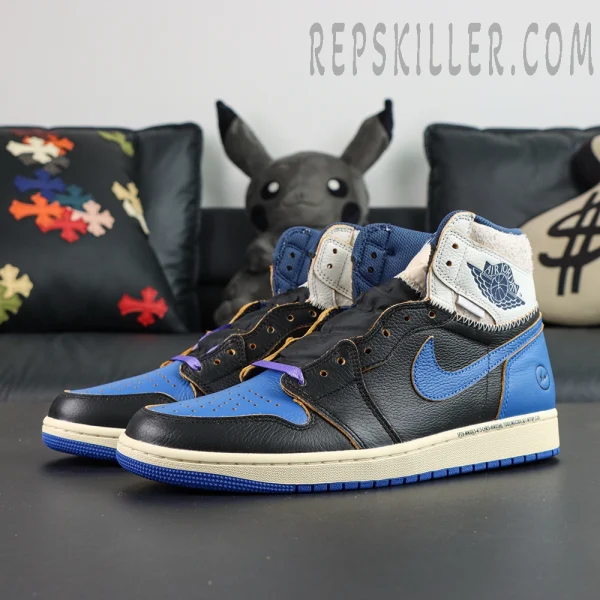 Fragment Design x Union LA x Air Jordan 1 “Sport Royal” collaboration sneakers, front view of the pair with black and royal blue upper and deconstructed panels
