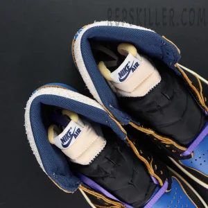 Fragment Design x Union LA x Air Jordan 1 “Sport Royal” collaboration sneakers, close-up of tongue and inner padding with Nike Air woven label
