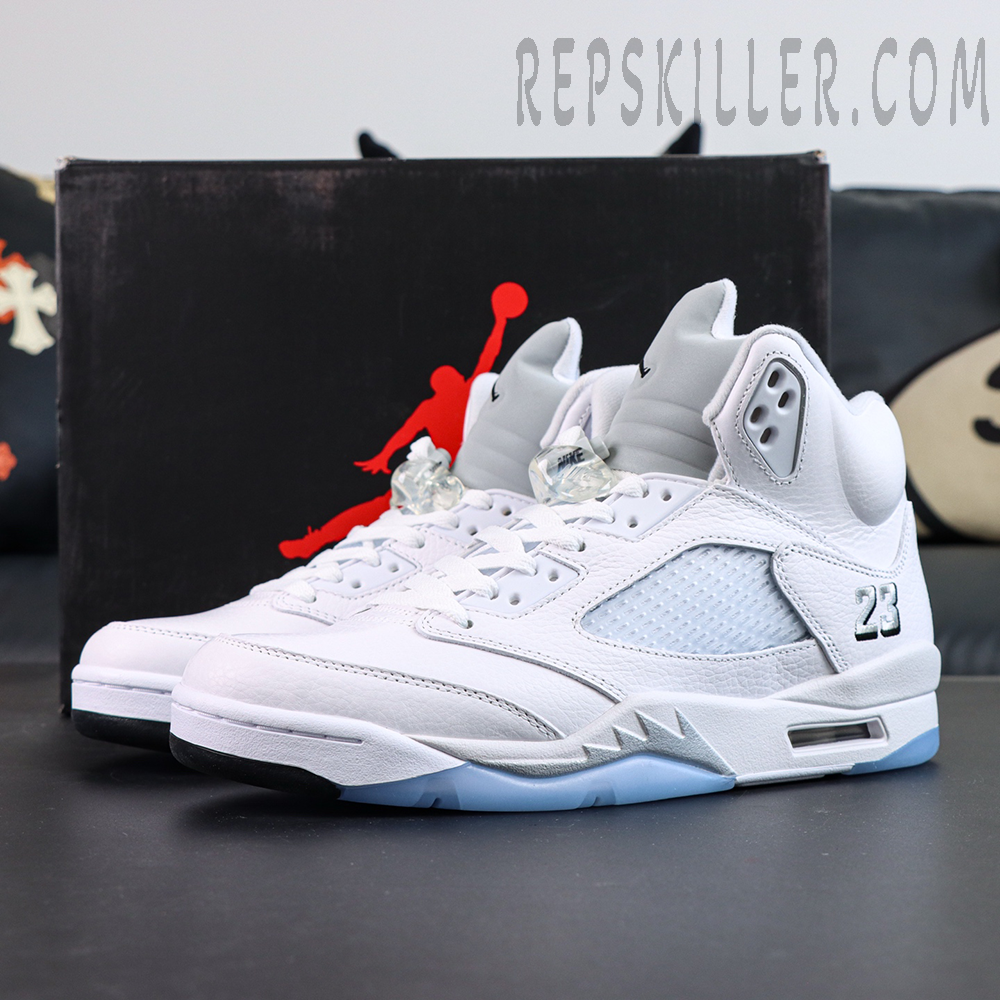 Air Jordan 5 Retro White Metallic displayed with original shoebox, overall product view