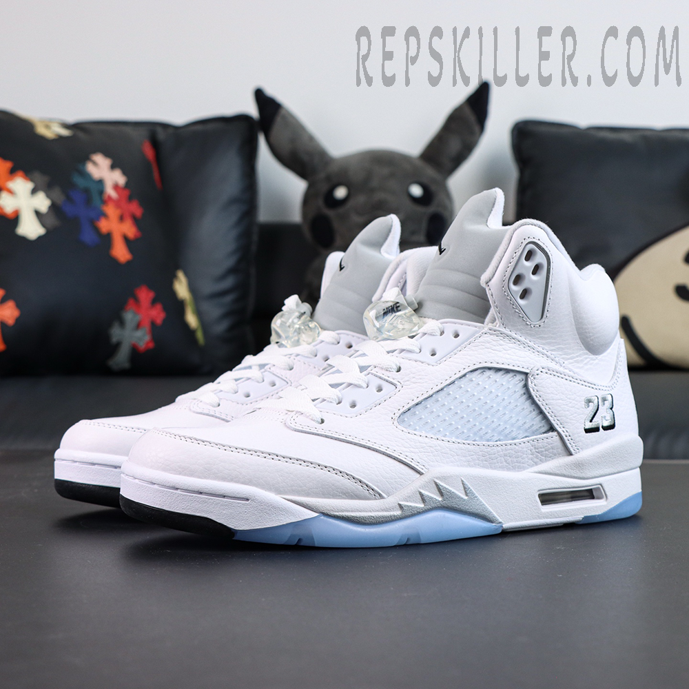 Air Jordan 5 Retro White Metallic front side angle showing white upper and silver shark tooth midsole