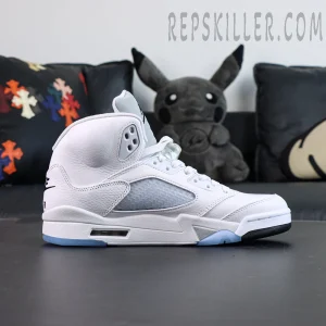 Air Jordan 5 Retro White Metallic side view with translucent mesh panel and visible Air unit