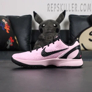 Nike Kobe 6 Protro Kay Yow light pink colorway side view featuring snakeskin-textured upper and black Swoosh
