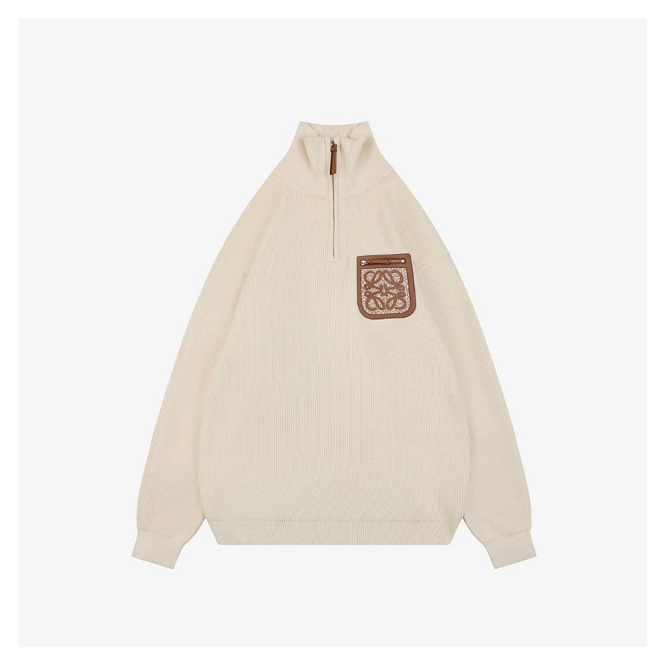 Loewe Faux Pocket Anagram Half-Zip Knit Sweater Beige Front view