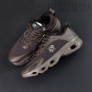 Top-down view of Loewe x ON Cloudsolo Dark Brown Black sneakers arranged side by side