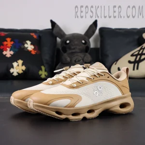 Loewe x ON Cloudsolo Dark Sand Cream sneakers three-quarter angle overall view