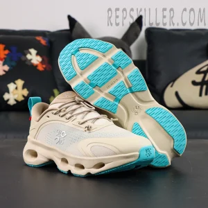 Loewe x ON Cloudsolo Sand Turquoise sneakers, outsole and front view