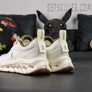 Loewe x ON Cloudtilt 2 White Khaki rear view showing heel tabs with LOEWE and On branding