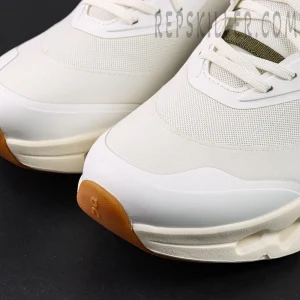 Close-up of the toe area on Loewe x ON Cloudtilt 2 White Khaki with breathable mesh and protective rubber overlay