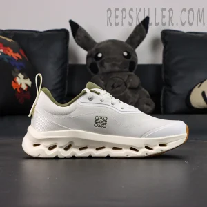 Side view of Loewe x ON Cloudtilt 2 White Khaki highlighting On logo and CloudTec midsole design