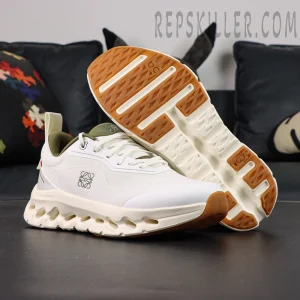 Outsole view of Loewe x ON Cloudtilt 2 White Khaki showing rubber traction pattern and stability design