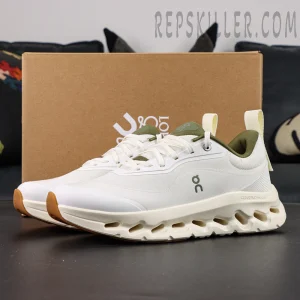 Loewe x ON Cloudtilt 2 White Khaki displayed with original co-branded shoebox