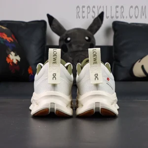 Rear straight-on view of Loewe x ON Cloudtilt 2 White Khaki with symmetrical placement and co-branded heel tabs