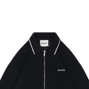 Miu Miu Logo Trim Collar Knit Zip Jacket