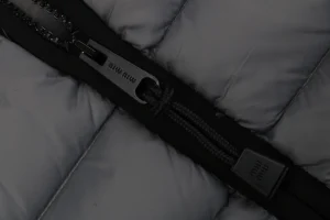 Miu Miu Minimal Logo Stand Collar Quilted Down Jacket Grey Zipper puller