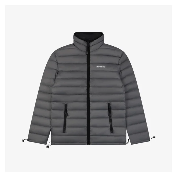 Miu Miu Minimal Logo Stand Collar Quilted Down Jacket Grey Front view
