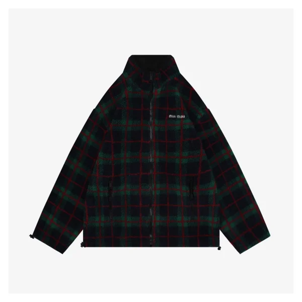Miu Miu Plaid Shearling Jacket – Green Red Front view