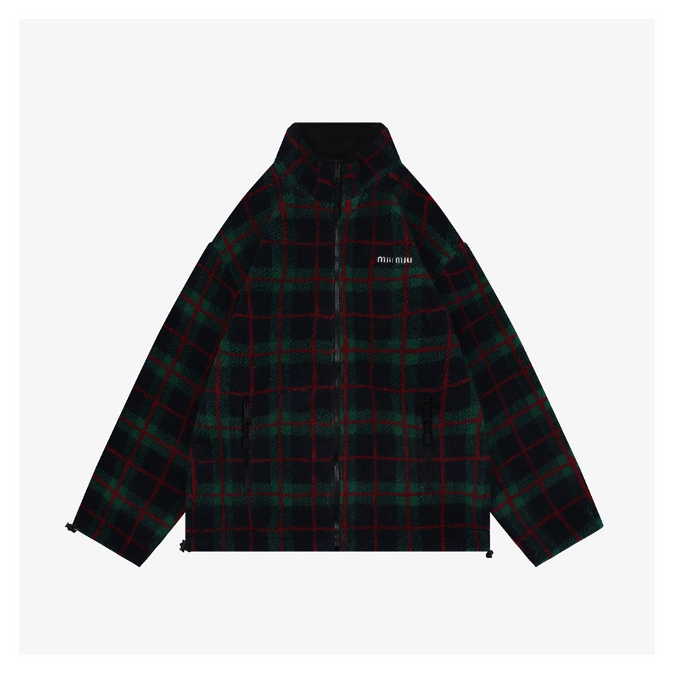 Miu Miu Plaid Shearling Jacket – Green Red Front view