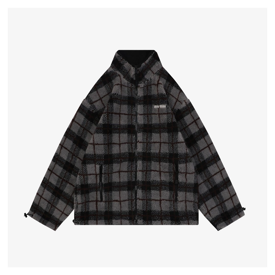Miu Miu Plaid Shearling Jacket – Grey Black Front view