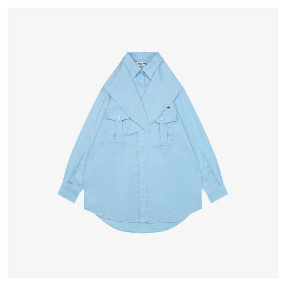 Miu Miu Poplin Bow Detail Shirt Blue Front view