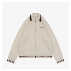 Miu Miu Red & Blue Ribbed Trim Cotton Zip-Up Jacket Front view