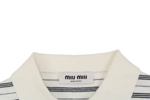 Miu Miu Striped Logo Long Sleeve Polo Shirt White Collar