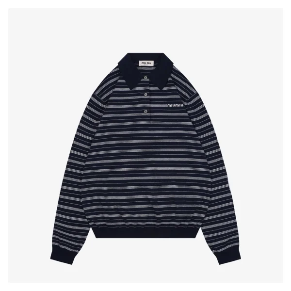 Miu Miu Striped Logo Long Sleeve Polo Shirt Black Front view