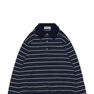 Miu Miu Striped Logo Long Sleeve Polo Shirt Black