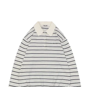 Miu Miu Striped Logo Long Sleeve Polo Shirt White