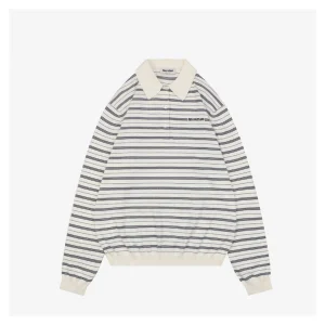 Miu Miu Striped Logo Long Sleeve Polo Shirt White Front view