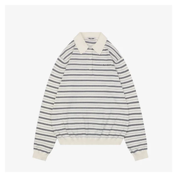 Miu Miu Striped Logo Long Sleeve Polo Shirt White Front view