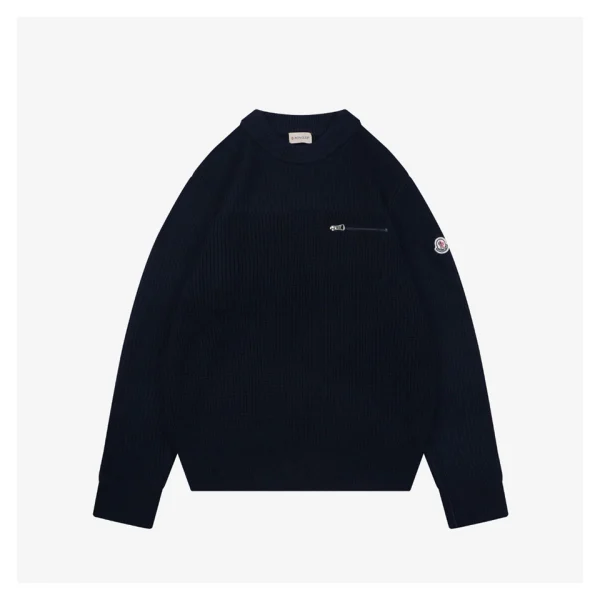 Moncler Arm Patch Zip Pocket Crew Neck Knit Sweater Black