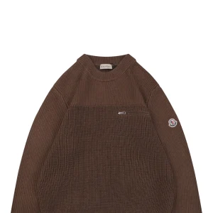 Moncler Arm Patch Zip Pocket Crew Neck Knit Sweater Brown