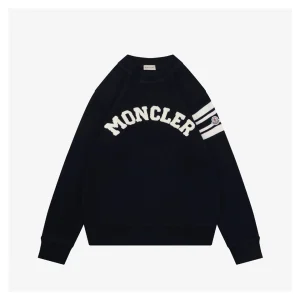 Moncler Curved Logo Crewneck Knit Arm Patch Sweater Black Front view